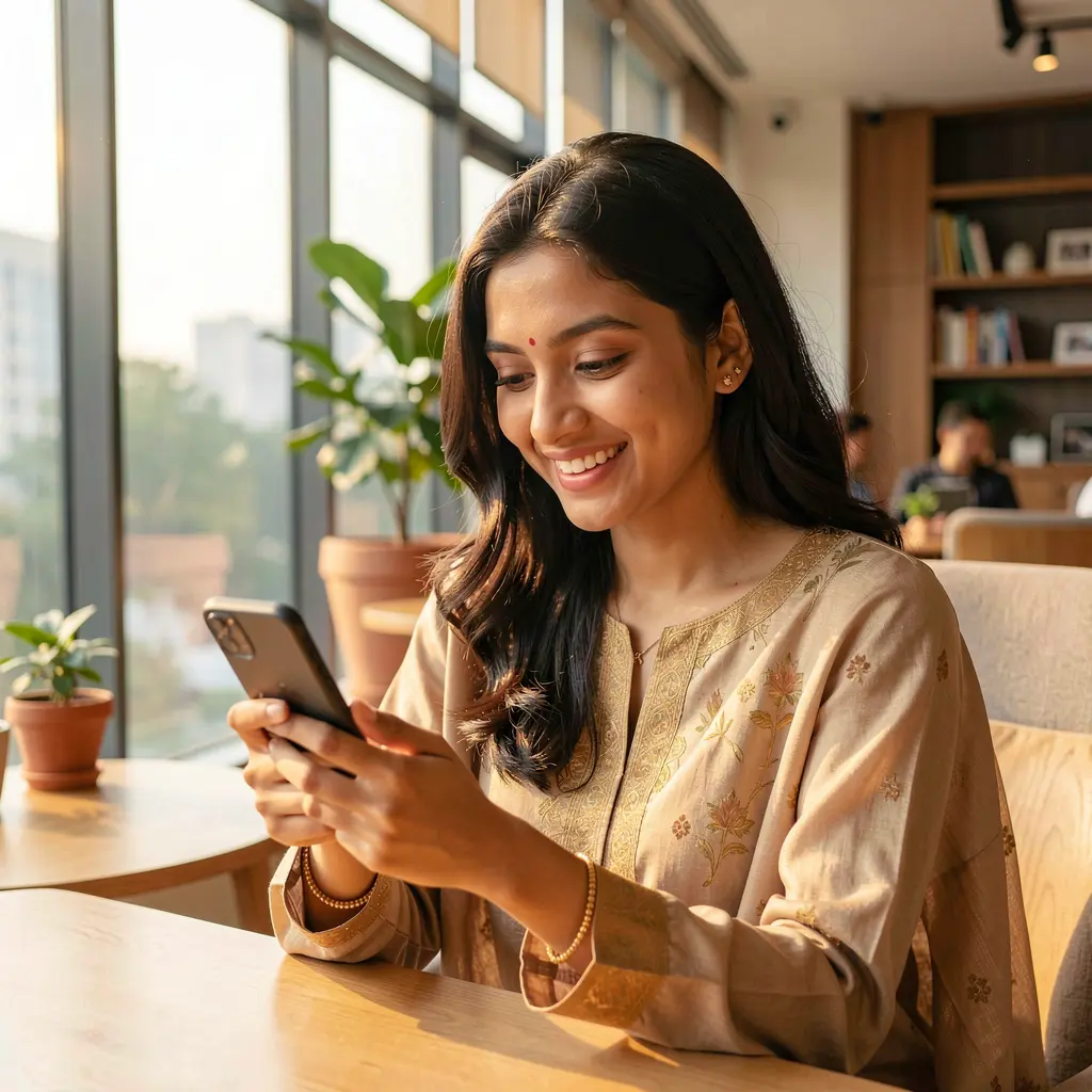 Happy Bangladeshi woman smiling while using the 27OK casino app on her smartphone in a modern indoor setting