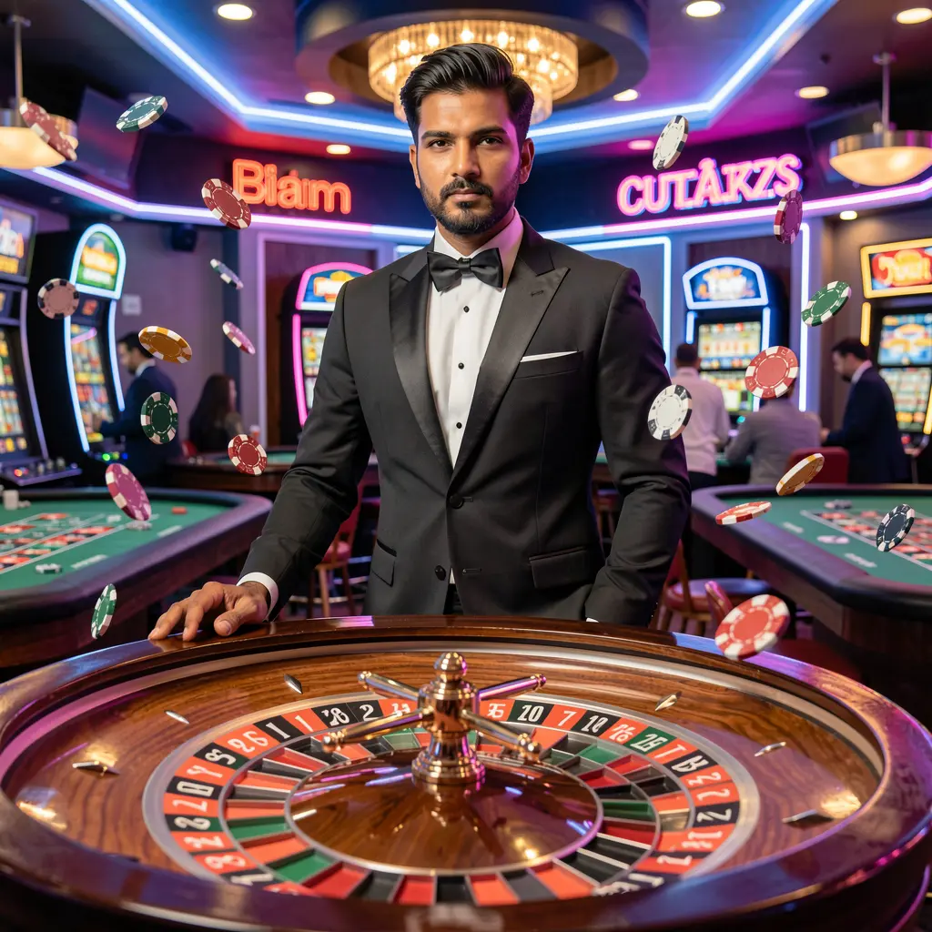 Professional casino dealer in a tuxedo standing by a roulette table with glowing lights and scattered chips showcasing the premium live casino experience at 27OK for players in Bangladesh