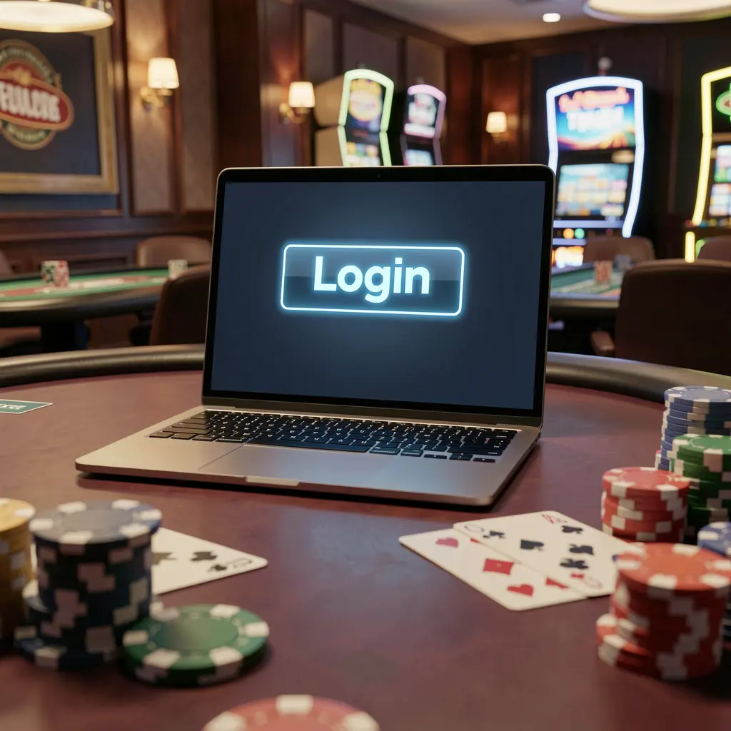 Modern laptop on a casino table with poker chips and cards showing a secure 27OK login screen for players in Bangladesh